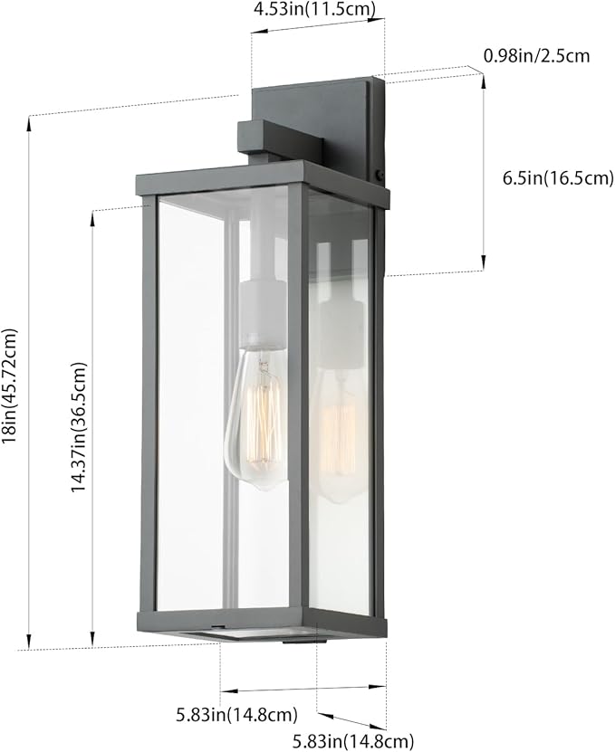 mirrea 18" Classic Outdoor Wall Sconce 1 Light in Matte Gray Rectangular Metal Frame and Clear Glass Shade Waterproof Porch Light Patio Light Pack of 2