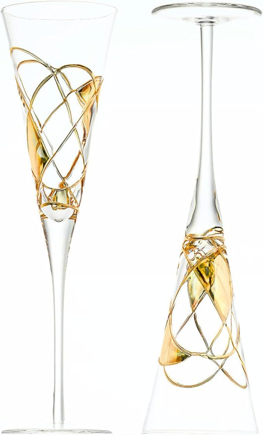 Victoria Barcelona Champagne Flute Set of 2 – 7.5 oz Mouth‑Blown Golden Luster Glass | Hand‑Painted with Real Gold Dust, Gaudí & Murano Inspired | Artistic Premium Gift Ideas for Her or Him