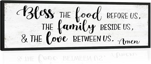 Bless the Food Before Us Wall Decor: Farmhouse Rustic Kitchen Signs Wall Decor Framed Hanging Wall Plaques 12" x 40",Inspirational Quotes The Family Beside Us Signs
