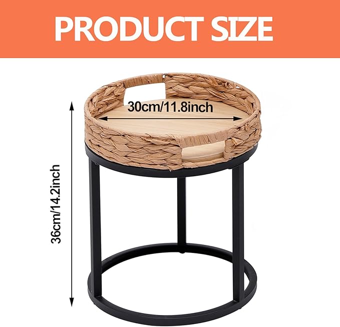 Nesting Coffee Table, Small Round Stacking Side Table with Metal Frame, Modern End Table for Living Room Bedroom Office Balcony (Rattan, 1)