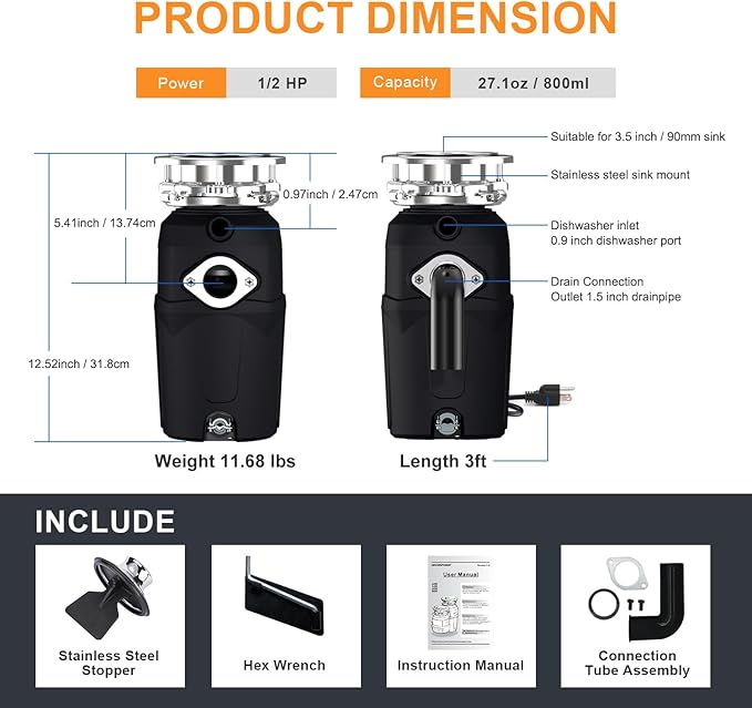 A400 Garbage Disposal 1/2 HP for Kitchen Sink, Small Fit Food Waste Disposer Fast Continuous Feed Stainless Steel Grinding, Quietness, Ease of Installation, Corded, Powerful Drainage Half Horsepower