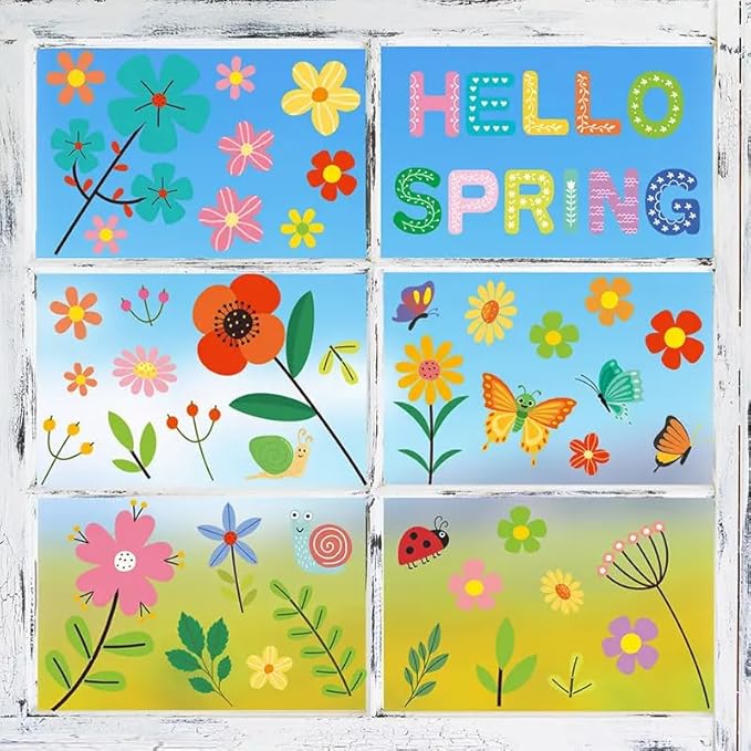 Set of 93 PCS Hello Spring Summer Window Cling Sticker Daisy, Sunflower, Birds, and Butterfly Window Stickers, Spring and Summer Decor, Home, Shop, Party Window Glass Display Stickers