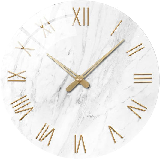 White Small Wall Clocks Battery Operated Marble Analog Clock for Bedroom 12 Inch Round Silent Wall Clock Modern