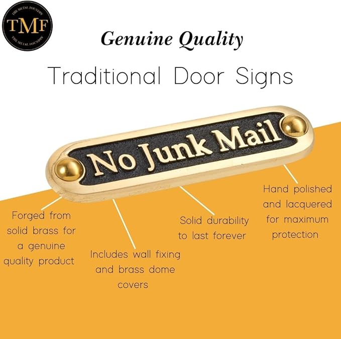 No Junk Mail Metal Brass Door Sign. Traditional Style Home Décor Wall Plaque Handmade By The Metal Foundry UK.