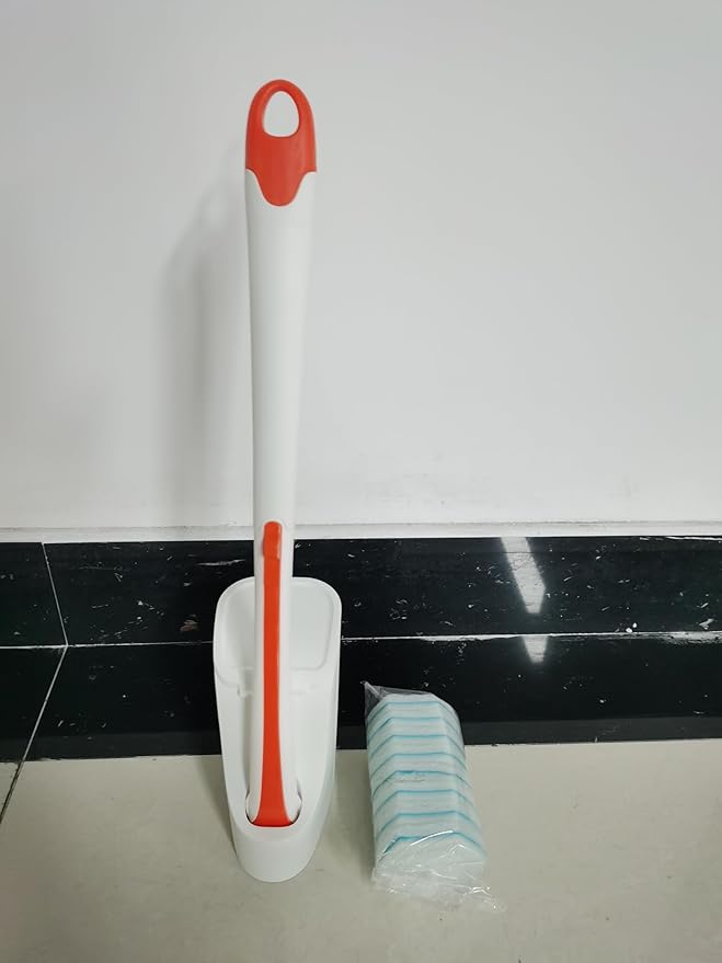 JEHONN Disposable Toilet Bowl Cleaner Wand with 40 Cleaner Refills, Wall Mounted Long Handle Compact Bathroom Scrub Brush Holder Set for Sink Bathtub Wash Basin Mop Pool (Orange)