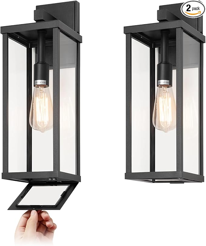 mirrea 18" Classic Outdoor Wall Sconce 1 Light in Matte Black Rectangular Metal Frame and Clear Glass Shade Waterproof Porch Light Patio Light Pack of 2