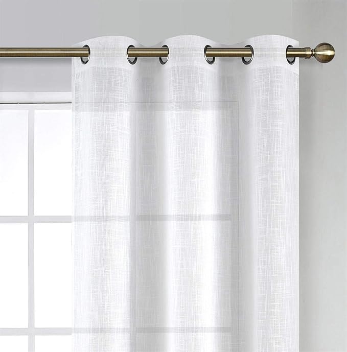 MIUCO White Sheer Curtains Poly Linen Textured Solid Grommet Curtains 63 Inches Long for Bedroom 2 Panels (2 x 37 Wide x 63" Long) White