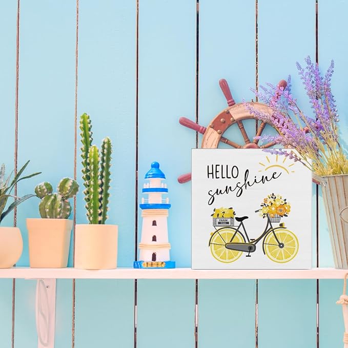Lemon Decor Summer Decorations Hello Sunshine Wooden Sign Rustic Home Decor 5 x 5 Inches