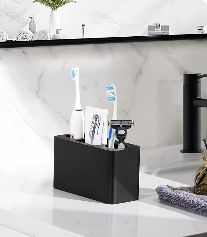 Luxspire Toothbrush Holder, 3 Slots Electric Toothbrush and Toothpaste Holder, Resin Bathroom Countertop Storage Bathroom Accessories Toothbrush Stand for Vanity Counter Organizer Caddy - Black