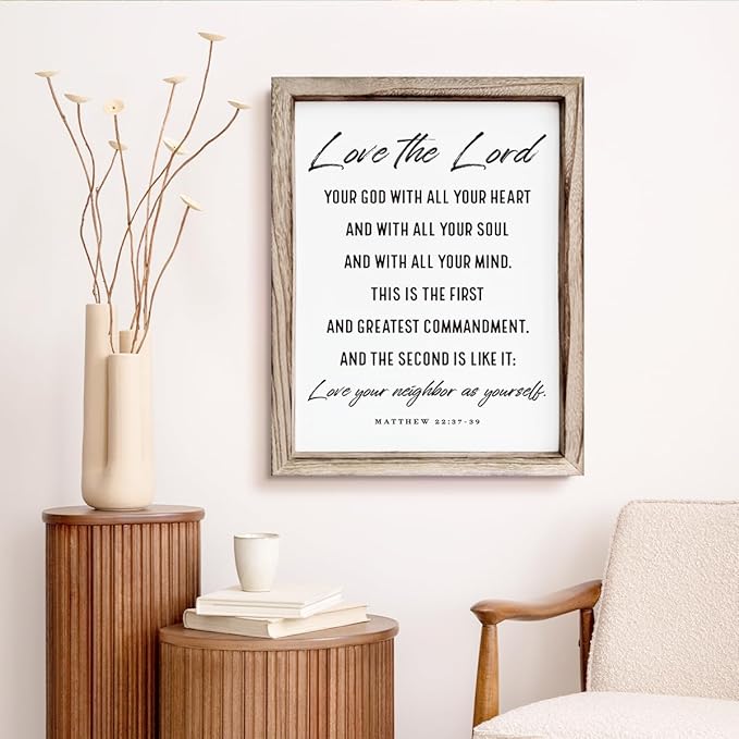 Christian Wall Plaque, Master Bedroom Decor Above Bed, Rustic Farmhouse Christian Decor, Matthew 22:37-39 Signs, Framed Wall Plaque Sign 15 * 11.5 inches, Love the Lord Sign