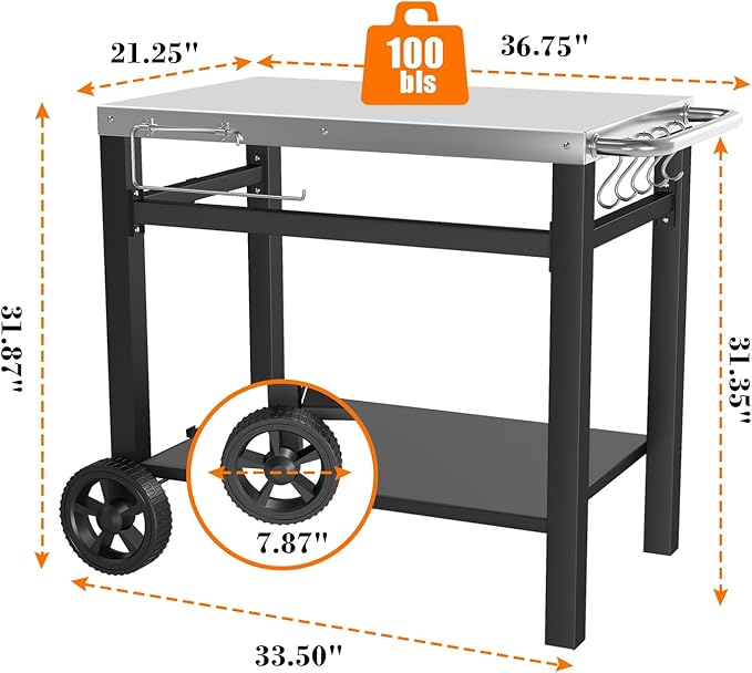 Outdoor Grill Table, Movable Dining Cart, Pizza Oven Table Stand, Double-Shelf Grill Stand, Food Prep and Work Cart with Wheels, Hooks, Fits for Blackstone Ninja
