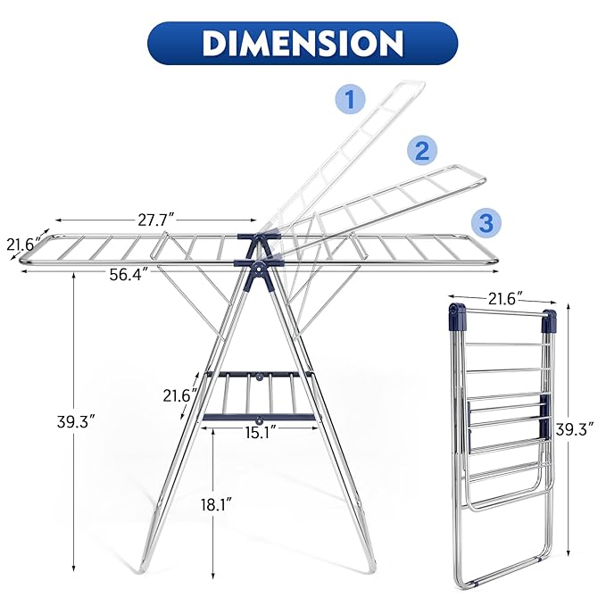 APEXCHASER Clothes Drying Rack, Drying Rack Clothing with Height-Adjustable, Foldable Gullwings Laundry Drying Rack, Indoor Outdoor Use, No Assembly