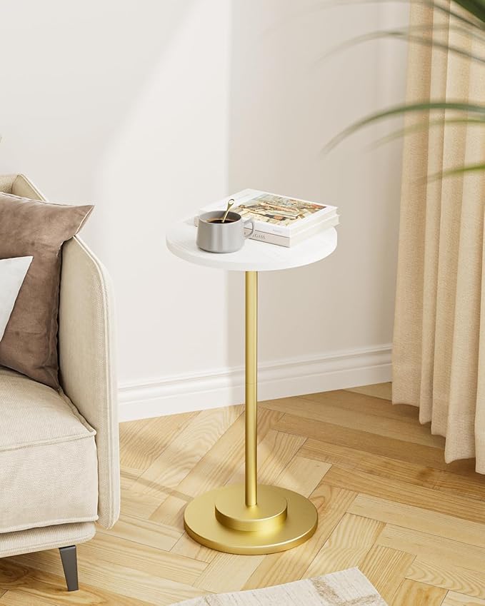 Masupu Drink Table, Round Side Table for Small Spaces, Pedestal Side Table, Small End Table with Metal Base, for Living Room, Bedroom, Bathroom, White Gold