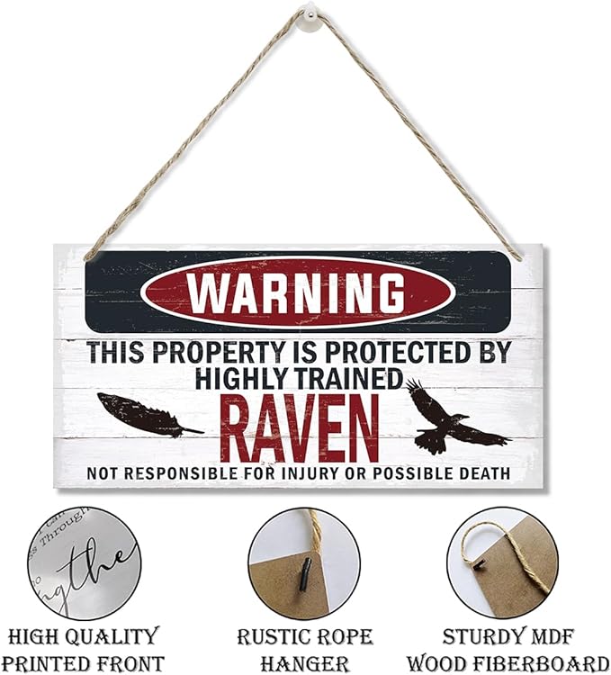 Warning Sign, Raven Warning Wood Plaque Sign, Funny Door Signs, Decorative Wood Hanging Suspension Plaque, Farmhouse Wooden Wall Decor, Outdoor Hanging Wooden Signs