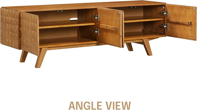 NTC Sapa Mid-Century Modern Solid Wood TV Stand 4-Door Media Console with Carved Geometric Fronts for TVs up to 75", Effortless Assembly, Teak Look