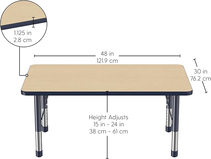 FDP Rectangle Activity School and Classroom Kids Table (30 x 48 inch), Chunky Toddler Legs, Adjustable Height 15-24 inches - Maple Top and Navy Edge