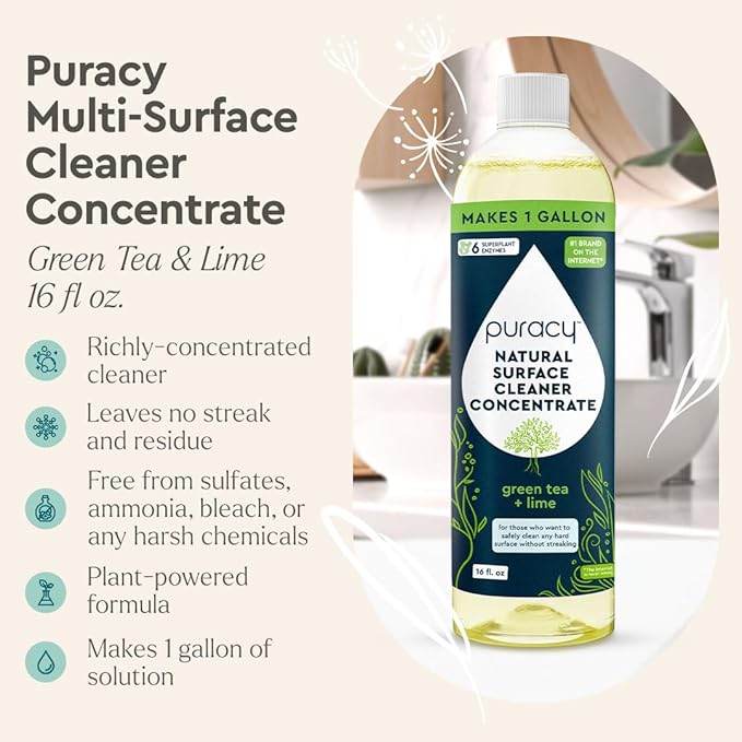 Puracy 99.9% Natural All Purpose Cleaner Concentrate - Makes 128oz Multi Purpose Cleaner - Green Tea & Lime - Surface Cleaner, Floor Cleaner, Kitchen, Cleaner, Bathroom Cleaner - Cleaning supplies