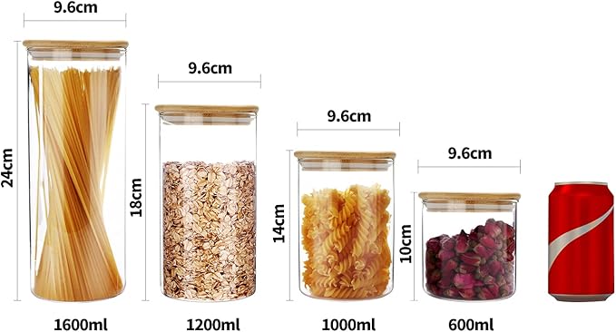 SIXAQUAE Glass Food Storage Containers Jar Seal Bamboo Lids 4 Packs 600ml Airtight Canister Organization Sets Stackable…