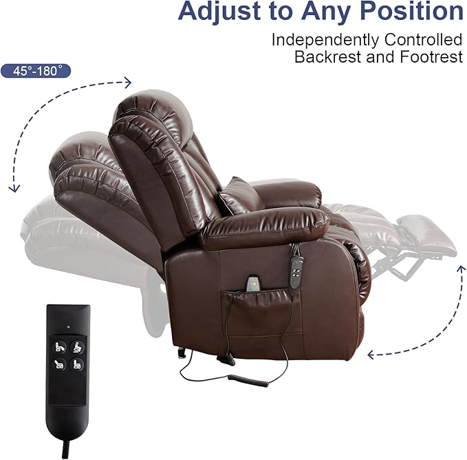 MAEVIS Large Genuine Leather Lift Chairs, Dual Motor Lift Chiars Recliner for Elderly,Extended Footrest and Lumbar Pillow for Tall Man,with Heat and Massage, USB and Type-C Ports(Brown)