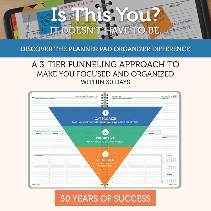 Planner Pad Spiral Bound 3-Tier Funnel Down 12 Month Organizer, October 2025 – September 2026, Greenish Grey Cover/Soft Green Ink, 8 1/2" x 11"