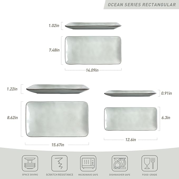 famiware Serving Platter, Rectangular 15.67/14.1/12.6inch Serving Dishes for Entertaining, Reactive Glaze, Stoneware Serving Trays for Party, Food, Turkey, Snack, Cheese, Ocean Series, Grey