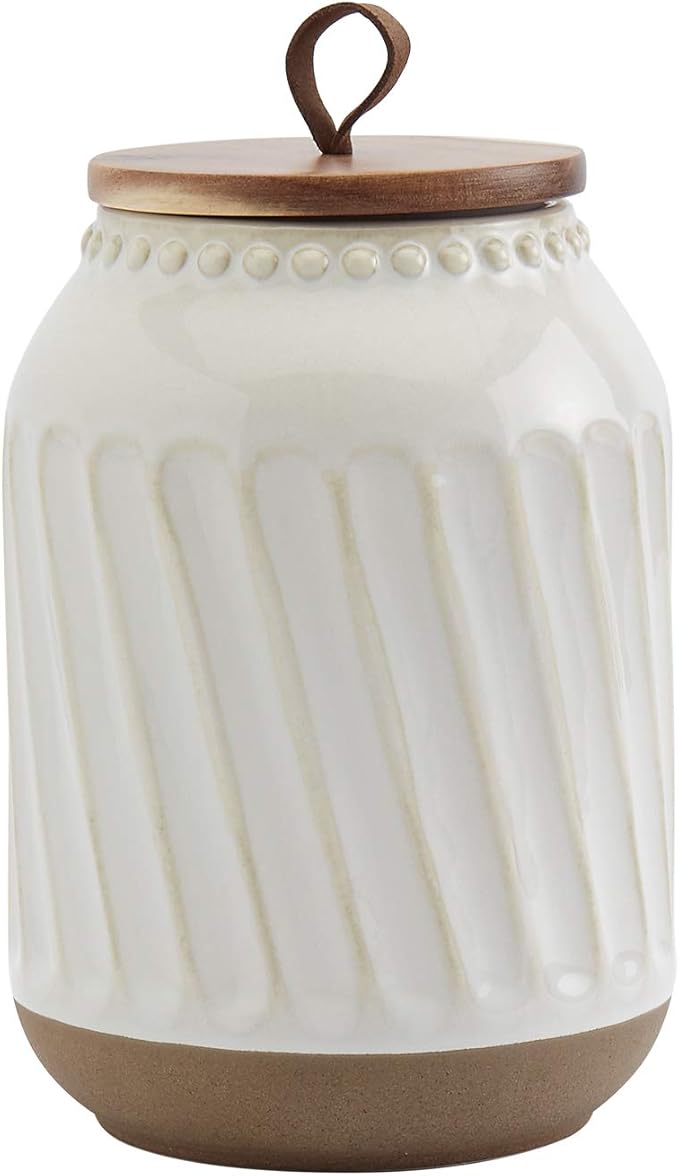 TTU Tabletops Gallery Ceramic Canister Collection- Stoneware Designed Kitchen Storage Embossed Acacia Wood White Set, 3 Piece Embossed Ziggy White Canister Set