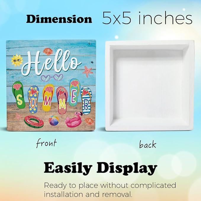 Summer Decor Hello Summer Decorations Flip Flop Wooden Sign Rustic Home Decor 5 x 5 Inches