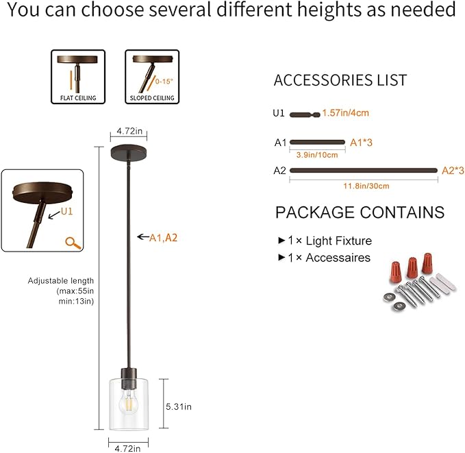 Oil Rubbed Bronze Pendant Lights Kitchen Island - Clear Glass Pendant Light Fixture Multiple Stems Rods 3 Units 12 Inch 3 Units 4 Inch (1 Pack Oil Rubbed Bronze Downrod)