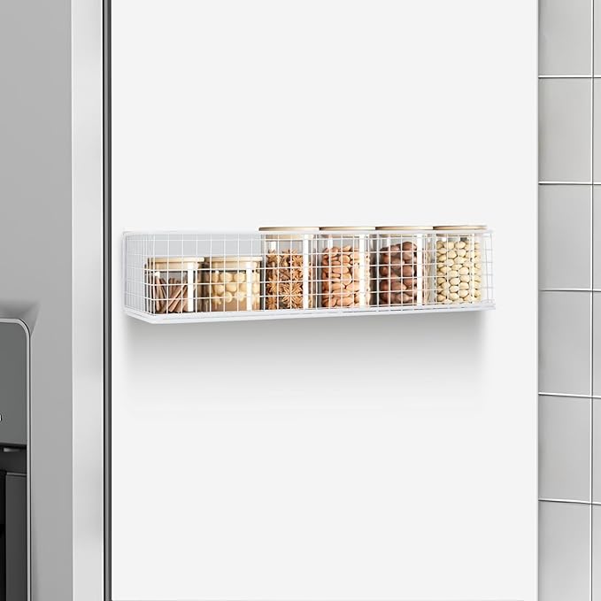 Magnetic Storage Basket, Magnetic Shelf for Fridge,Magnetic Spice Rack Wire Mesh Magnetic Organizer Holder Accessories for Office Kitchen Classroom Storage, White, 13.77" x 5.11" x3.26"