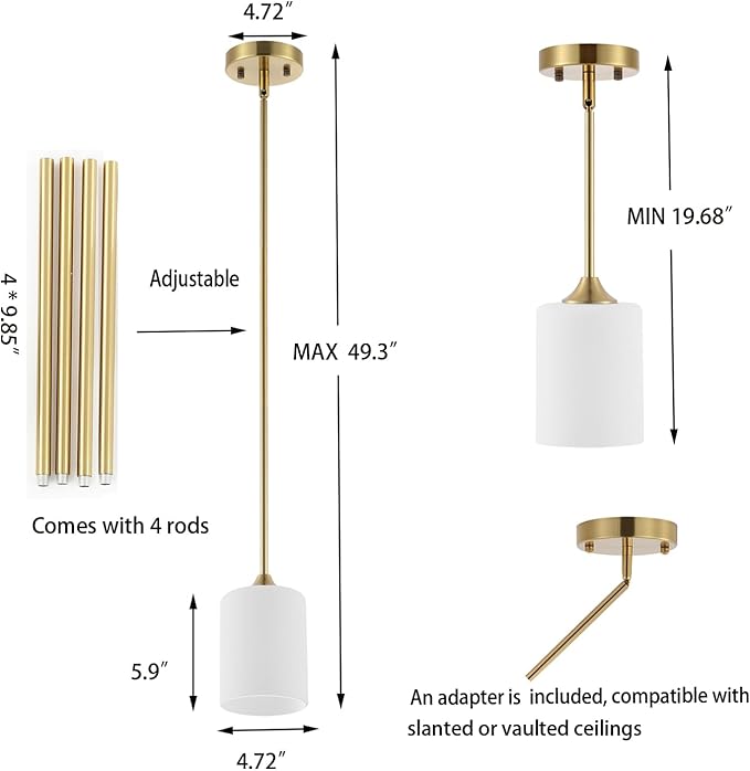 Modern Gold Pendant Light Brushed Brass Mid Century Chandelier White Cylinder Glass Shades Adjustable Rods Farmhouse Ceiling Hanging Lighting Fixture Kitchen Island Dining Room Bedroom