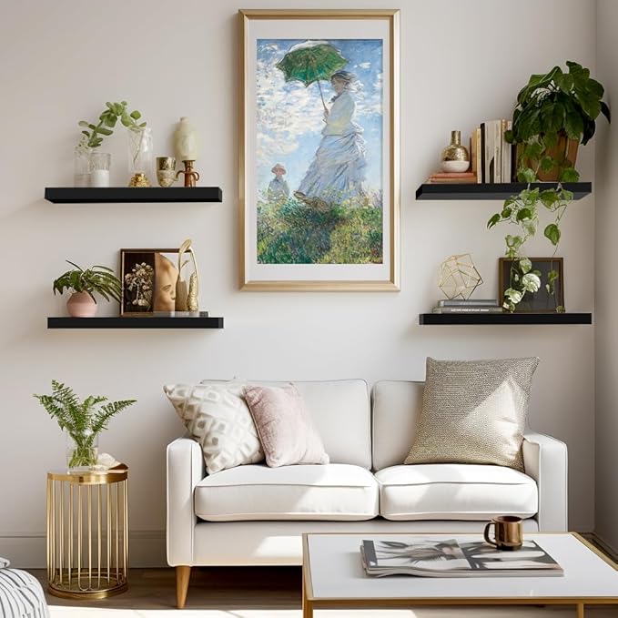 LaVie Home Floating Shelves, 15.6 Inch Wall Shelf Set of 3, Hanging Shelf with Invisible Brackets, Wall Decor for Bathroom, Bedroom, Living Room, Kitchen Storage, Classic Black