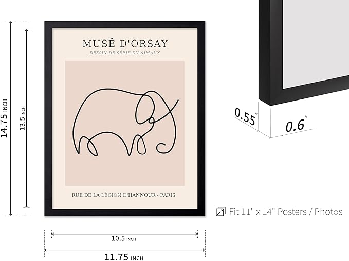 Poster Master Vintage Poster - Retro One Line Elephant Drawing Print - Elephant Art - Minimal Gift for Men, Women, Animal Lover - Abstract Wall Decor for Home, Office, 11x14 Black Framed