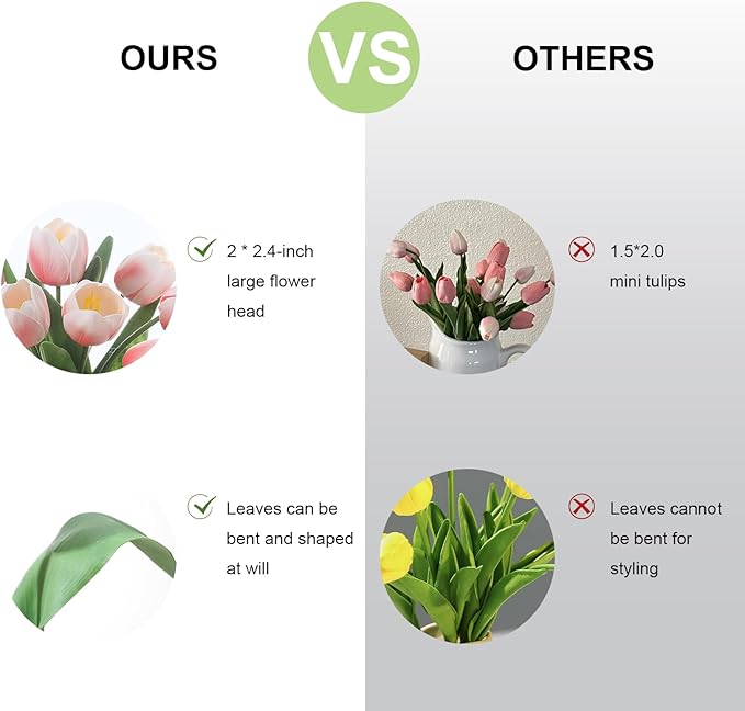 Light Pink Artificial Tulips, 2 Bundles 14Pcs, Fake Tulips Artificial Flowers, 2 x 2.4 Inch Large Flower Head Big Tulip, Easter Valentine's Day Mother's Day Home Decoration Flowers