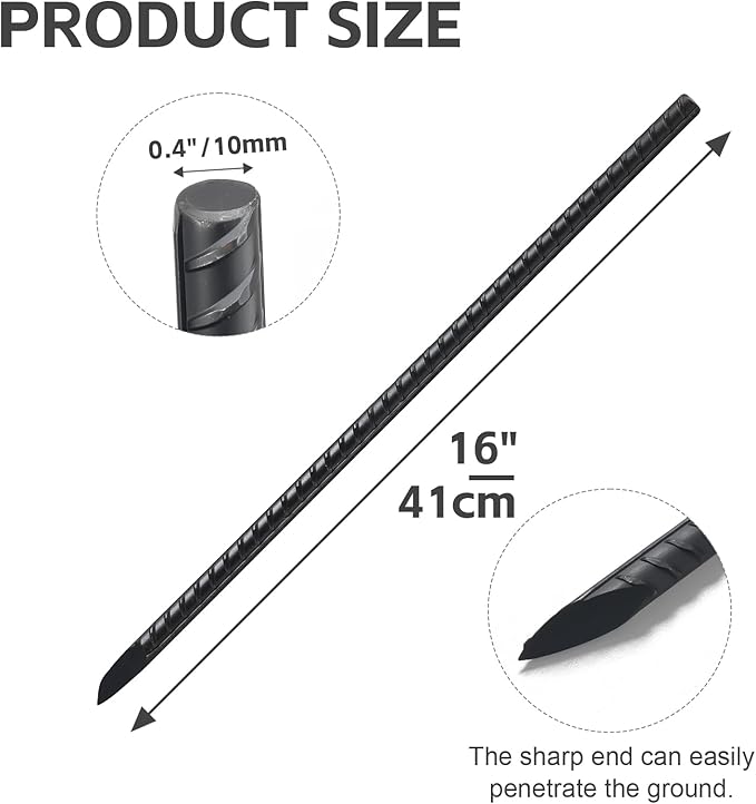 Rebar Stakes 16 Inch, 10 Pack Ground Stakes Heavy Duty with Chisel Point, Straight Metal Stakes for Concrete Form, Landscaping, Camping Tent or Timber, Black