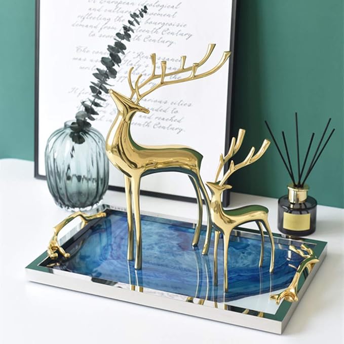 Sziqiqi Reindeer Figurine Statues Deluxe Set of 2, Christmas Deer Pure Copper Heavy Reindeer Ornaments for Home Decor Accents Living Room Office Bookself Tabletop Mantle Christmas Decoration, Gold