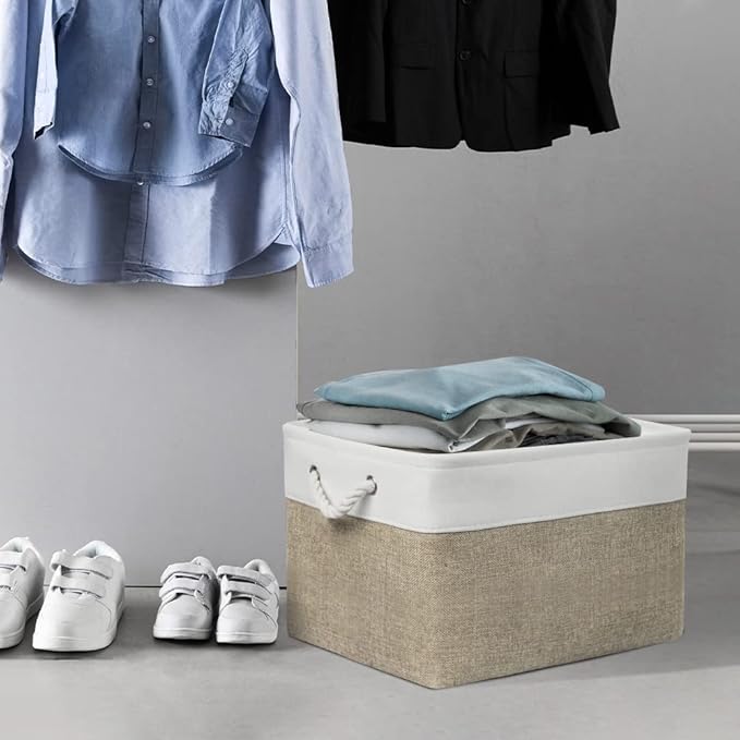 Organization and Storage Bins for Shelves - 17X15X12 inch 2 Pack Fabric Storage Cubes Collapsible Baskets for Organizing with Rope, Storage Box for Cloth Decorative (White&Khaki)