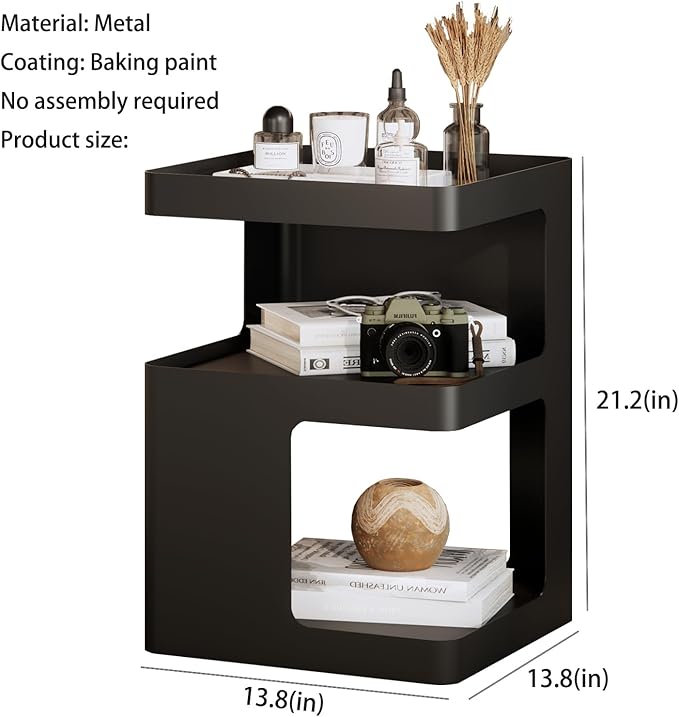 Modern Side Table,Small end Tables for Small Spaces,Black Metal nightstand,Bedside Tables,Accent Table with Storage for Couch, Bedroom,Living Room.No Assembly Required