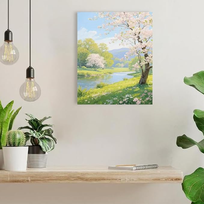 The scenery of a stream between trees and cherry blossoms under the blue sky is suitable for posting in the living room bedroom office landscape posters