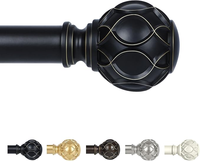 Black Adjustable Curtain Rods for Windows:66-120" Farmhouse Heavy Duty Curtain Rod for Bedroom Living Room,Boho Decorative Rustic Drapery Rods with Vintage Coastal Texture Finial,Matte Black