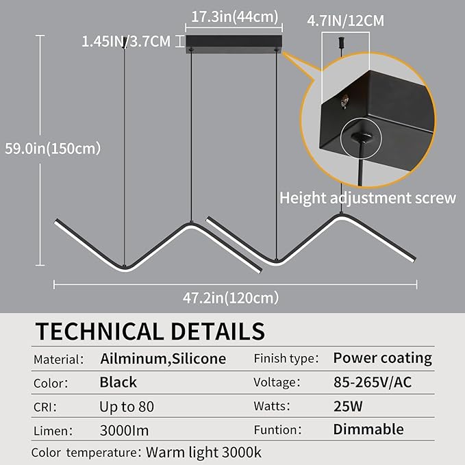 LED Modern Linear Pendant Lights, Dimmable LED Hanging Chandelier Fit Dining Room Kitchen Island, 3000K-6000K with Remote Contro Bright Light Fixture (Black, 47.2IN)