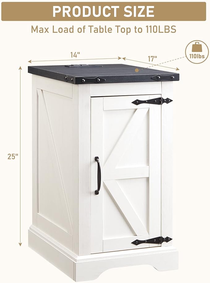 JXQTLINGMU Nightstand with Charging Station, Rectangular Farmhouse End Table with Barn Door and Adjustable Storage Shelf, 17" Deep Wood Rustic Sofa Side Table for Living Room, Bedroom, White