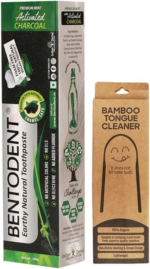 BENTODENT Teeth Whitening Bentonite Clay & Activated Organic Charcoal Toothpaste & Scraper - Detox,Tea Tree, Fluoride Free Adult, Vegan, Travel 3.52 oz