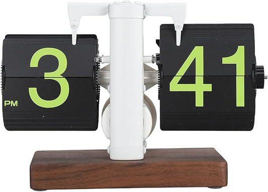 Flip Desk Clock, Retro Vintage Flip Desk Table Clock, Digital Clock Sided Large Numbers Mechanical Flip Clock Wood Base for Living Room, Study Room and Office（Frosted White）