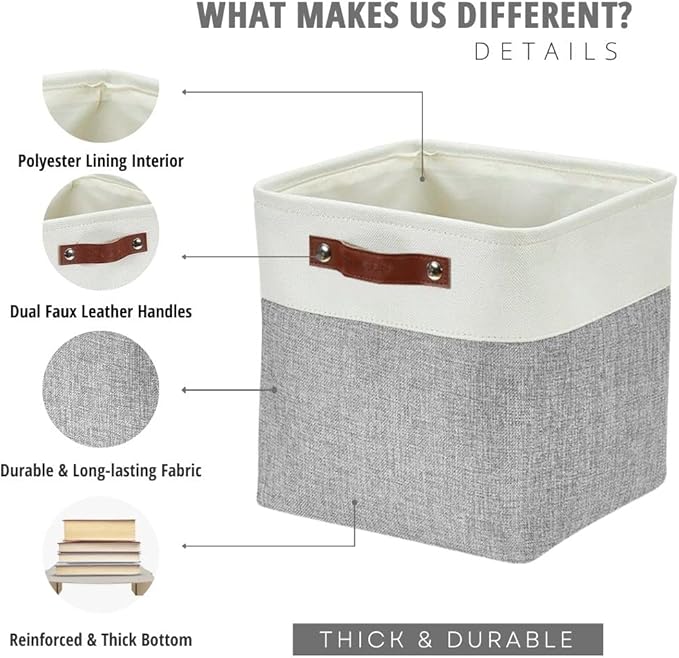 DECOMOMO Storage Cubes, 12x12 Storage Bins, Baskets for Shelves (Grey & White, Cube 12" - 4 Pack)