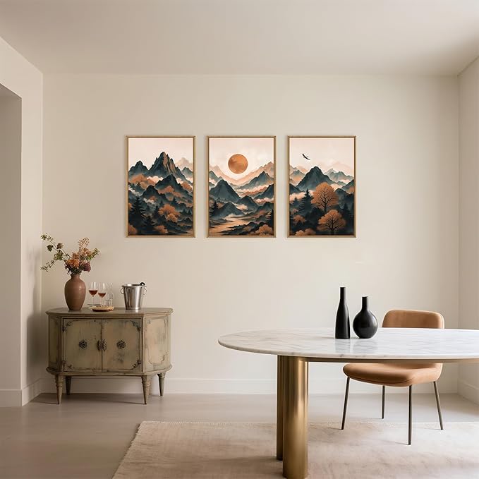 Large Boho Mountain Framed Canvas Wall Art Set, Brown Ridge Landscape Wall Decor, Pine Tree Scenery Wall Painting, Abstract Wilderness Art Print for Living Room, Bedroom, Office - 16"X24"X3