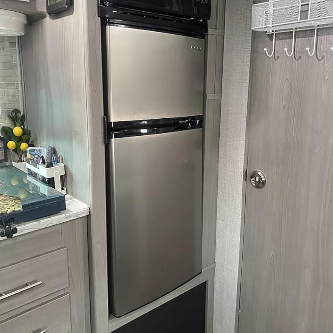 RecPro 4.4 Cu Ft RV Refrigerator | 12V Stainless Steel Fridge with Freezer | Frost-Free, Adjustable Shelves, Built-In Lock, Reversible Door | Off-Grid Ready Camper Fridge with Can Holder