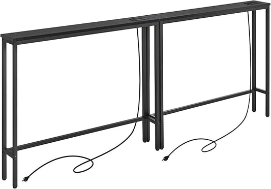 ELYKEN 2 Pack 5.9" Narrow Console Sofa Table with Power Outlets, 5.9" Dx39.4 Wx31.1 H Long Black Behind Couch Table with Metal Frame and Charge Station with 6.5’ Extension Cord