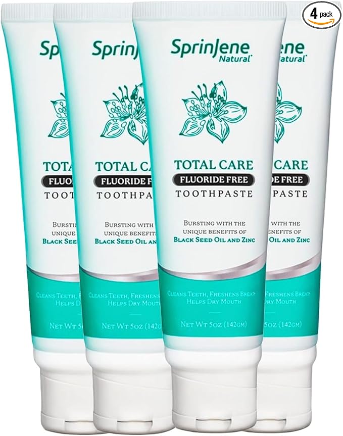 SprinJene Natural Total Care Fluoride Free Toothpaste for Strong Teeth & Gums - Natural Toothpaste to Soothe Dry Mouth & Freshen Breath | 4 Pack