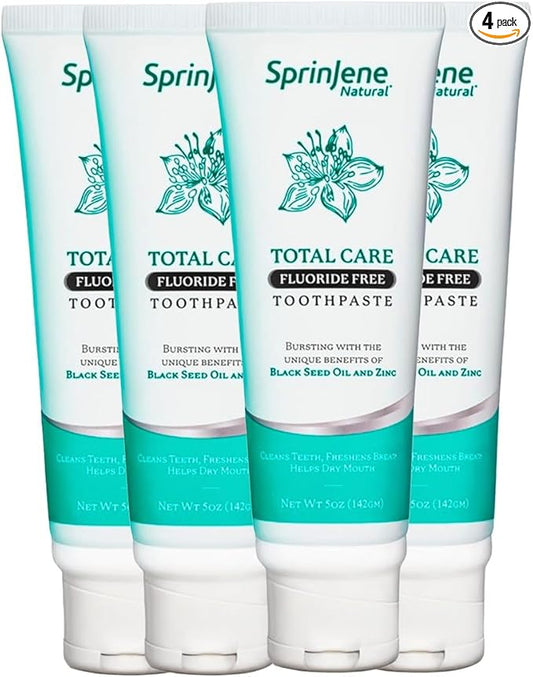 SprinJene Natural Total Care Fluoride Free Toothpaste for Strong Teeth & Gums - Natural Toothpaste to Soothe Dry Mouth & Freshen Breath | 4 Pack