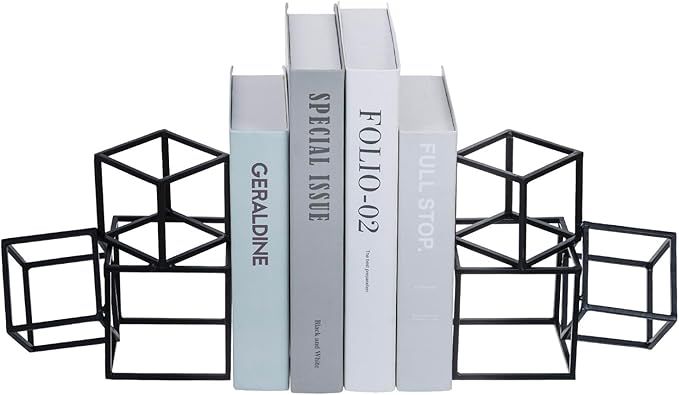 MyGift Modern Matte Black Metal Geometric Bookends in 3 Cube Frame Design, Decorative Book Stands for Home Library Bookshelf Office Desk, 1 Pair, Handcrafted in India